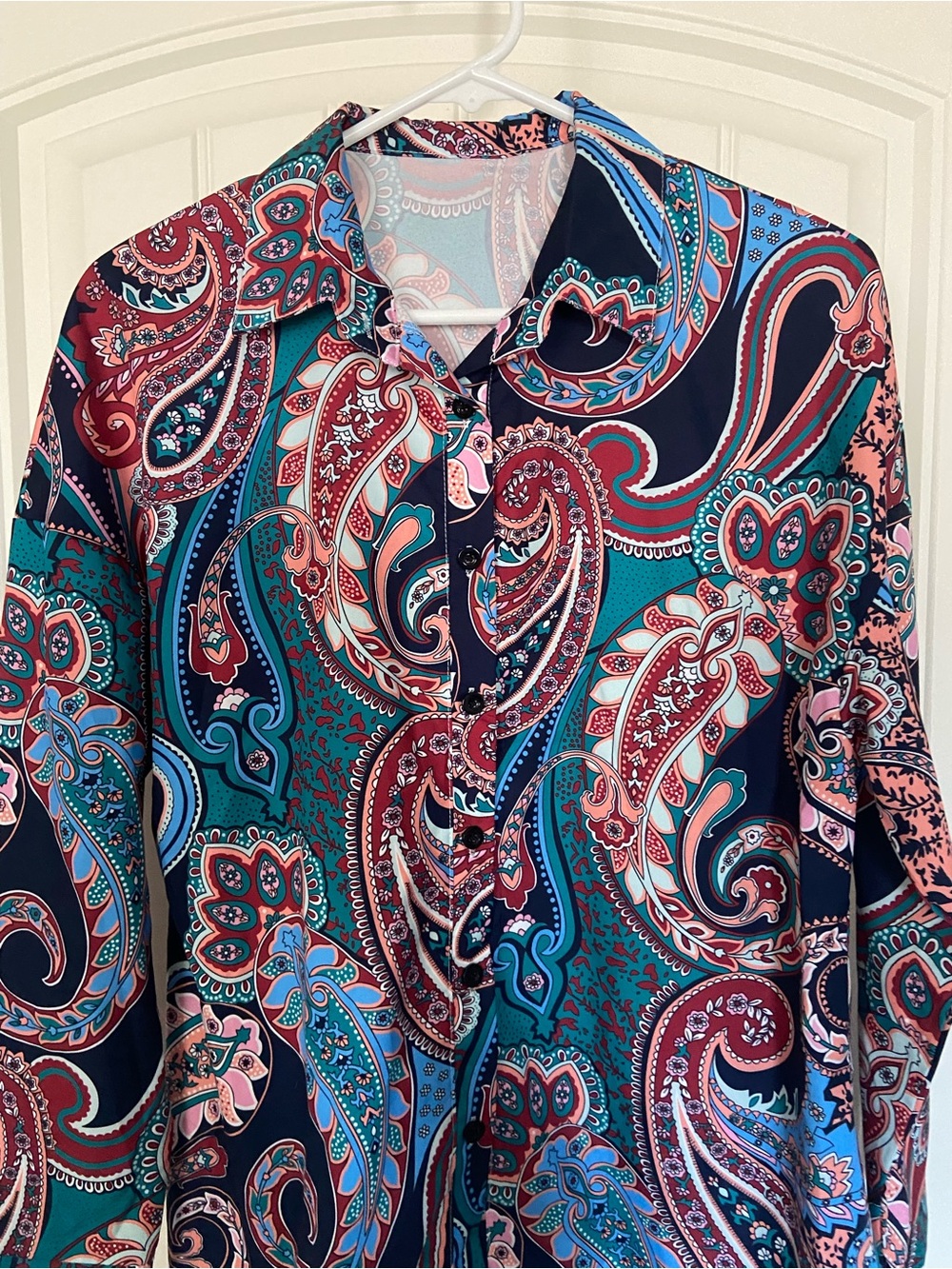 SHEIN Women's Paisley Button-Down Shirt in Teal, Navy & Burgundy
